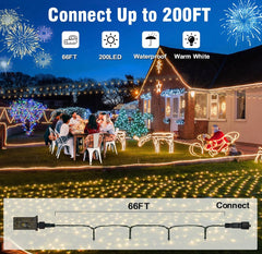 200 LED Christmas Connectable String Lights Outdoor Waterproof – Warm White Fairy Lights with Plug, Tree Lights for Patio, Garden, Bedroom, Wedding, Party, Decor (66FT)