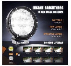 5.7 Inch Round 50W LED Driving Light w/ 16AWG DT Connector Wiring Harness 6500LM IP68 Spot Flood Combo Work Lamp for Offroad ATV UTV SUV Motorcycle Truck Tractor Boat (Pack of 4)