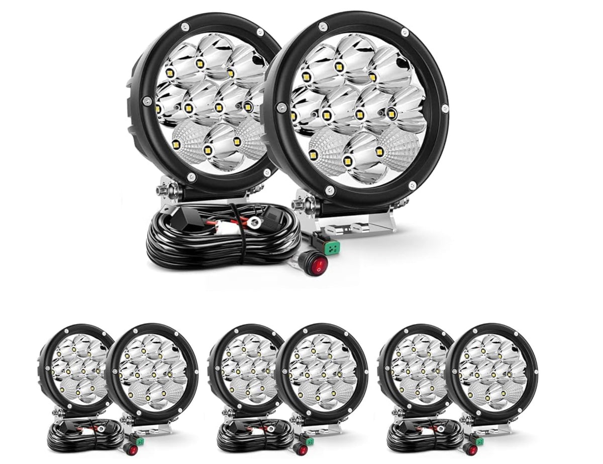 5.7 Inch Round 50W LED Driving Light w/ 16AWG DT Connector Wiring Harness 6500LM IP68 Spot Flood Combo Work Lamp for Offroad ATV UTV SUV Motorcycle Truck Tractor Boat (Pack of 4)
